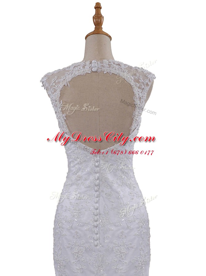 Latest Mermaid White Lace Clasp Handle Scoop Sleeveless With Train Bridal Gown Brush Train Beading and Lace