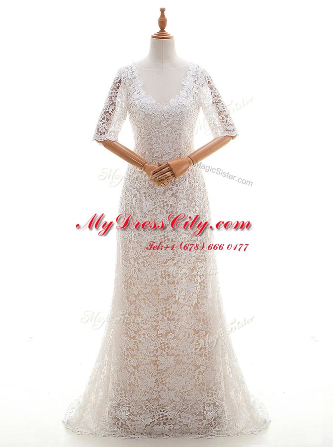 Glorious Lace With Train Column/Sheath Half Sleeves White Wedding Dress Brush Train Clasp Handle