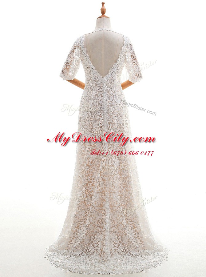 Glorious Lace With Train Column/Sheath Half Sleeves White Wedding Dress Brush Train Clasp Handle