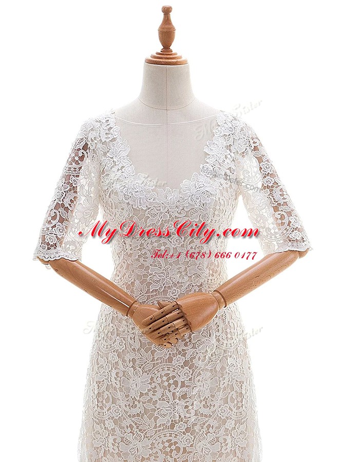 Glorious Lace With Train Column/Sheath Half Sleeves White Wedding Dress Brush Train Clasp Handle