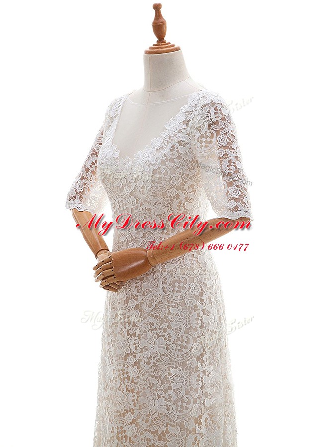 Glorious Lace With Train Column/Sheath Half Sleeves White Wedding Dress Brush Train Clasp Handle