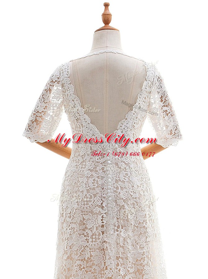 Glorious Lace With Train Column/Sheath Half Sleeves White Wedding Dress Brush Train Clasp Handle