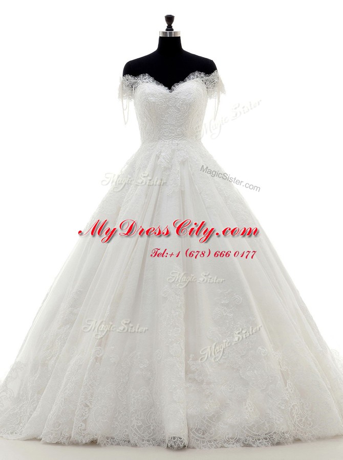 White Off The Shoulder Clasp Handle Lace and Appliques Wedding Gowns Brush Train Short Sleeves