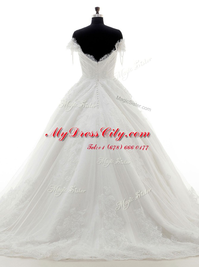 White Off The Shoulder Clasp Handle Lace and Appliques Wedding Gowns Brush Train Short Sleeves