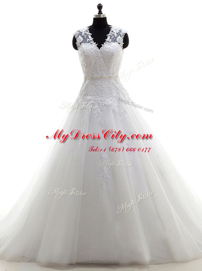 Noble A-line Wedding Dress White V-neck Tulle Sleeveless With Train Backless