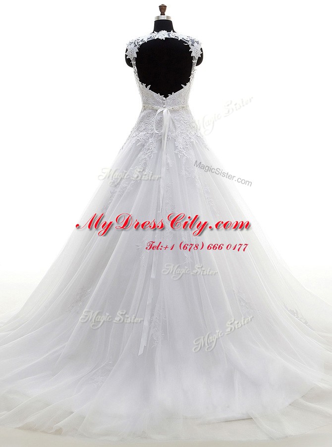 Noble A-line Wedding Dress White V-neck Tulle Sleeveless With Train Backless