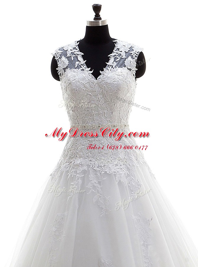 Noble A-line Wedding Dress White V-neck Tulle Sleeveless With Train Backless