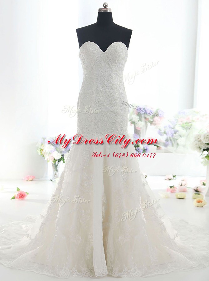 Super Mermaid White Sleeveless Lace Brush Train Backless Wedding Gowns for Wedding Party