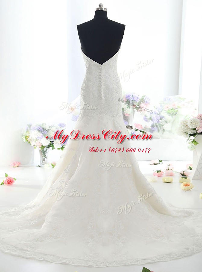 Super Mermaid White Sleeveless Lace Brush Train Backless Wedding Gowns for Wedding Party