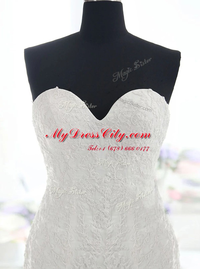 Super Mermaid White Sleeveless Lace Brush Train Backless Wedding Gowns for Wedding Party