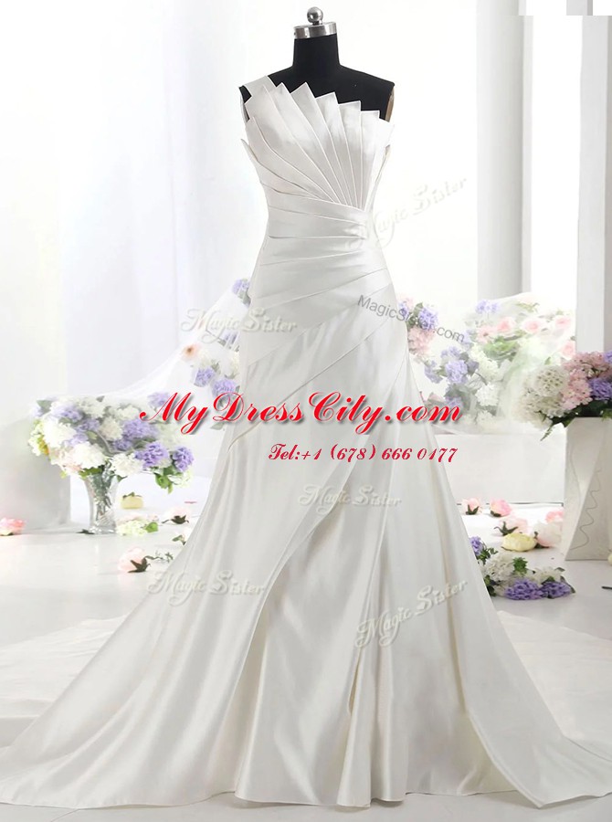 Satin One Shoulder Sleeveless Chapel Train Zipper Ruffles Wedding Gown in White