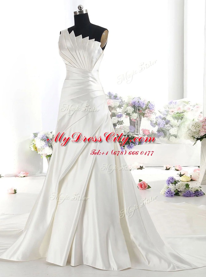 Satin One Shoulder Sleeveless Chapel Train Zipper Ruffles Wedding Gown in White