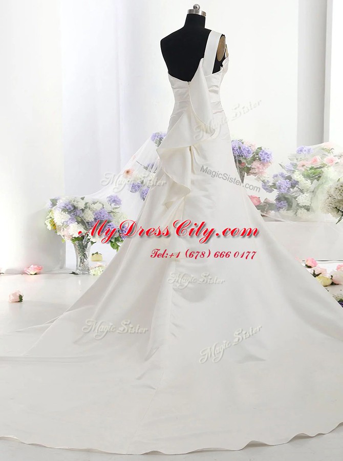 Satin One Shoulder Sleeveless Chapel Train Zipper Ruffles Wedding Gown in White