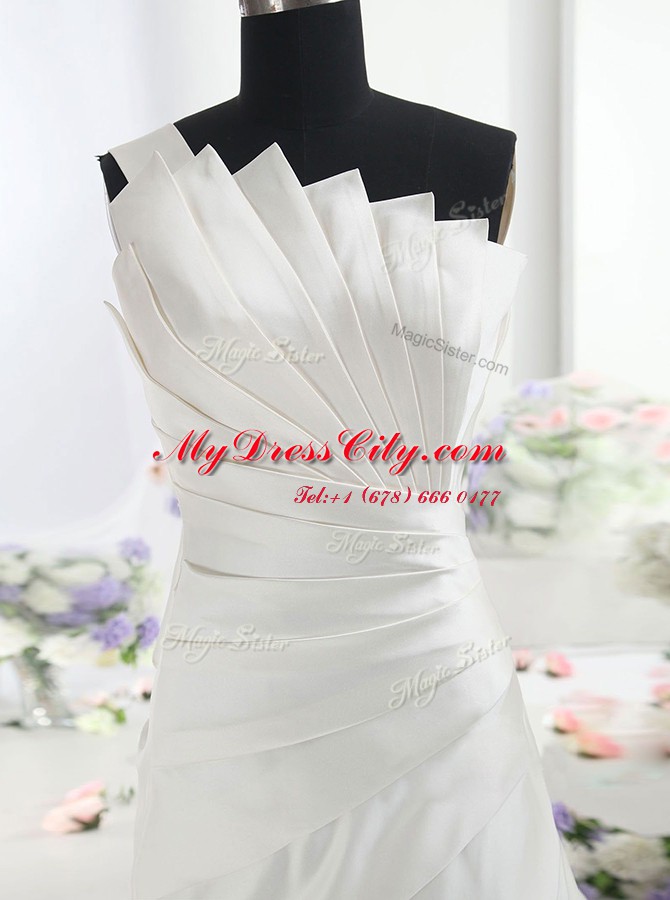 Satin One Shoulder Sleeveless Chapel Train Zipper Ruffles Wedding Gown in White