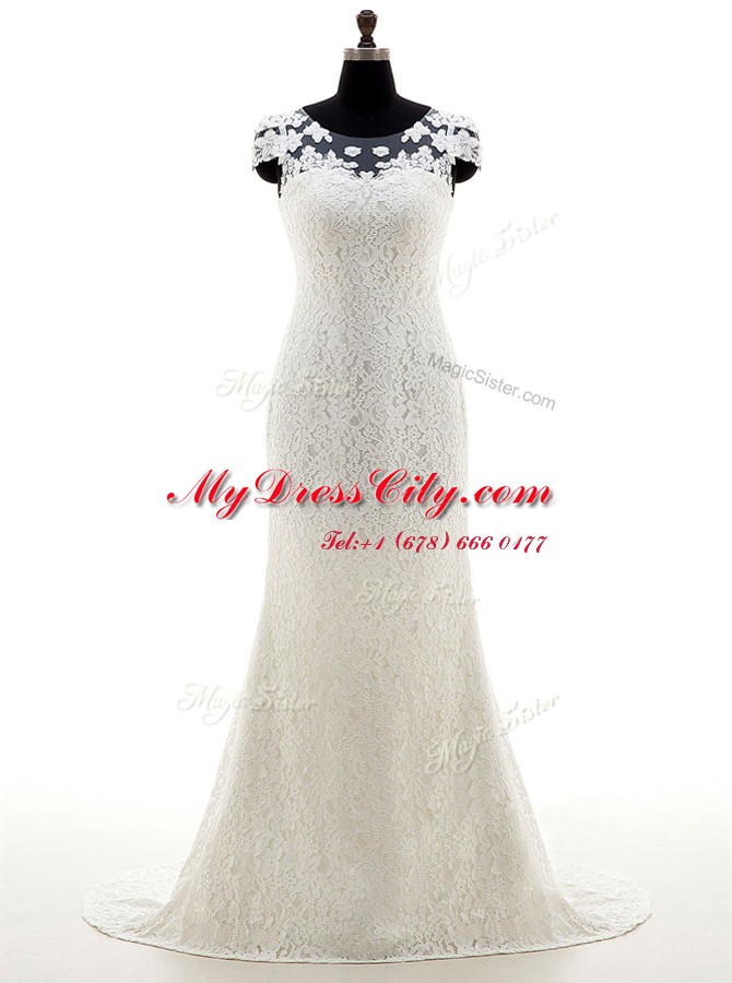 Scoop Cap Sleeves Wedding Dresses With Brush Train Lace White Lace