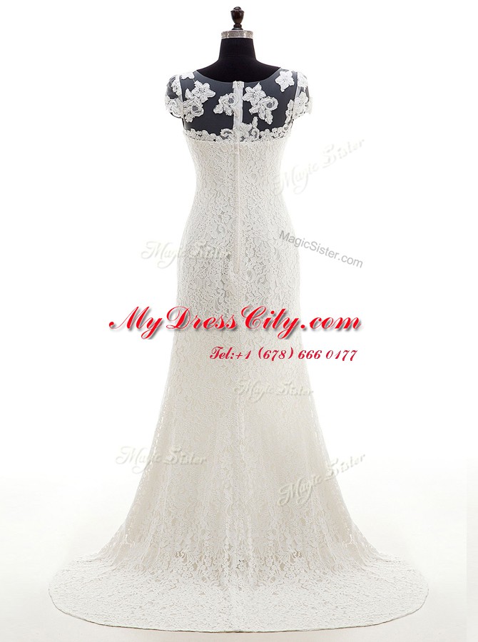 Scoop Cap Sleeves Wedding Dresses With Brush Train Lace White Lace