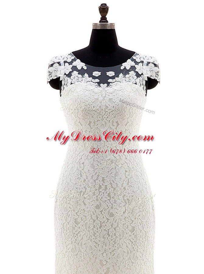 Scoop Cap Sleeves Wedding Dresses With Brush Train Lace White Lace