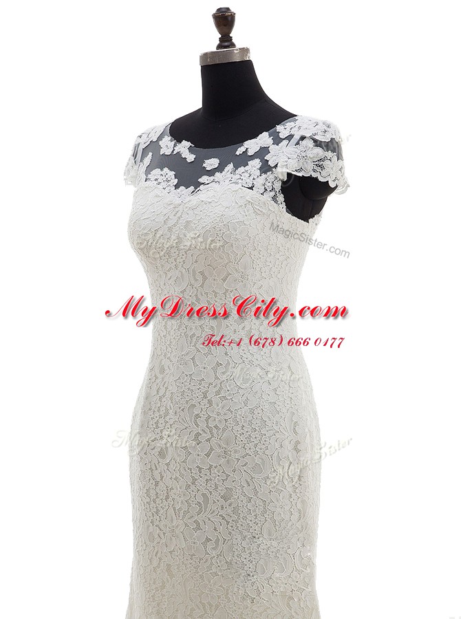 Scoop Cap Sleeves Wedding Dresses With Brush Train Lace White Lace