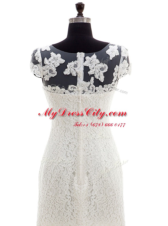 Scoop Cap Sleeves Wedding Dresses With Brush Train Lace White Lace