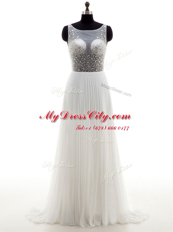 Clearance With Train Zipper Wedding Dress White for Wedding Party with Beading Sweep Train