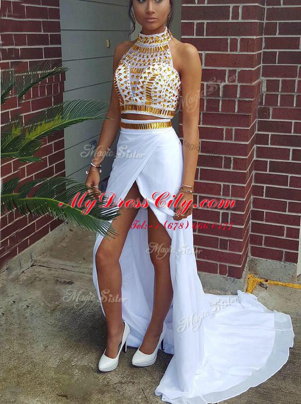 White Prom Dress Prom and Party and For with Beading Scoop Sleeveless Court Train Zipper