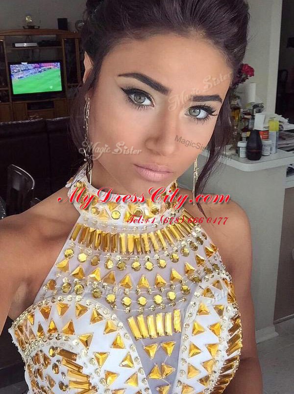 White Prom Dress Prom and Party and For with Beading Scoop Sleeveless Court Train Zipper