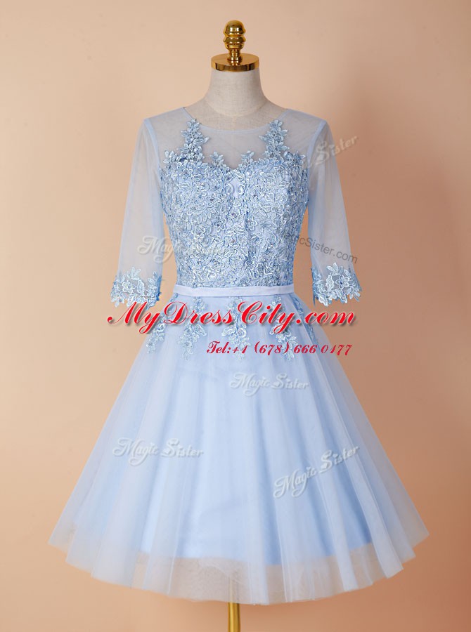 High Class Scoop Light Blue Half Sleeves Organza Backless Prom Party Dress for Prom