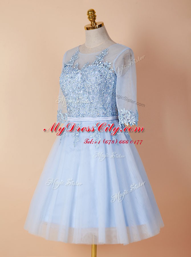 High Class Scoop Light Blue Half Sleeves Organza Backless Prom Party Dress for Prom