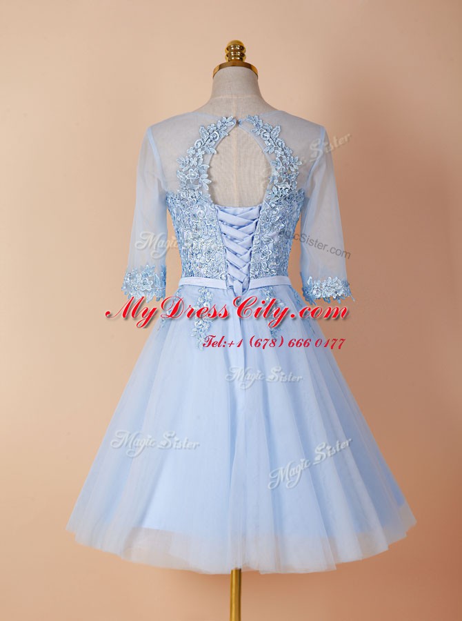 High Class Scoop Light Blue Half Sleeves Organza Backless Prom Party Dress for Prom