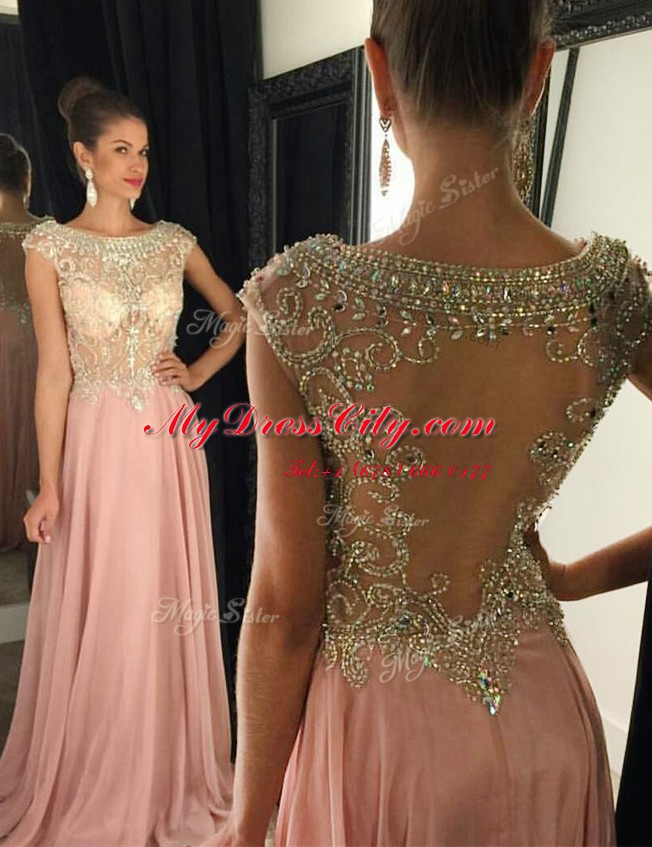 Pink A-line Bateau Cap Sleeves Chiffon Brush Train Side Zipper Beading Dress for Prom