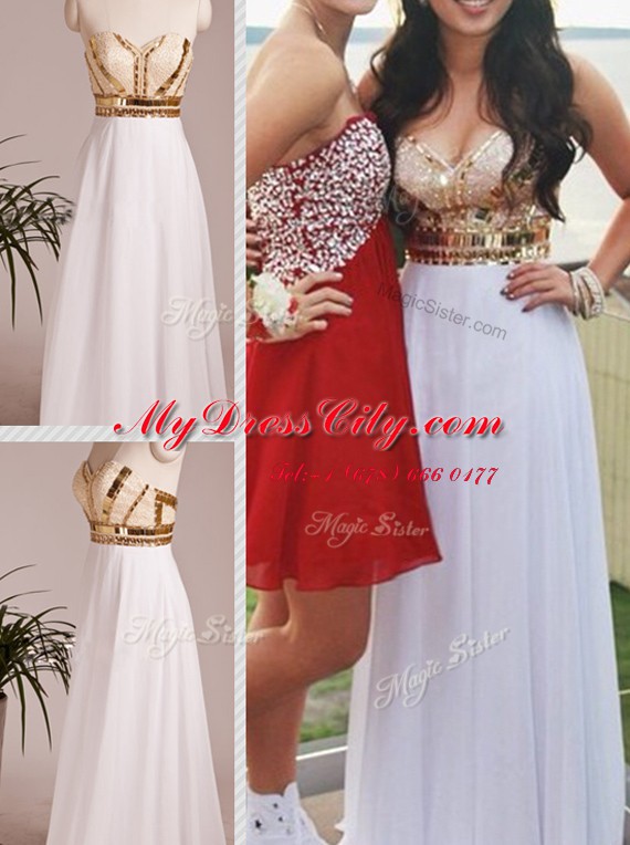 Extravagant Floor Length White Dress for Prom Sweetheart Sleeveless Zipper