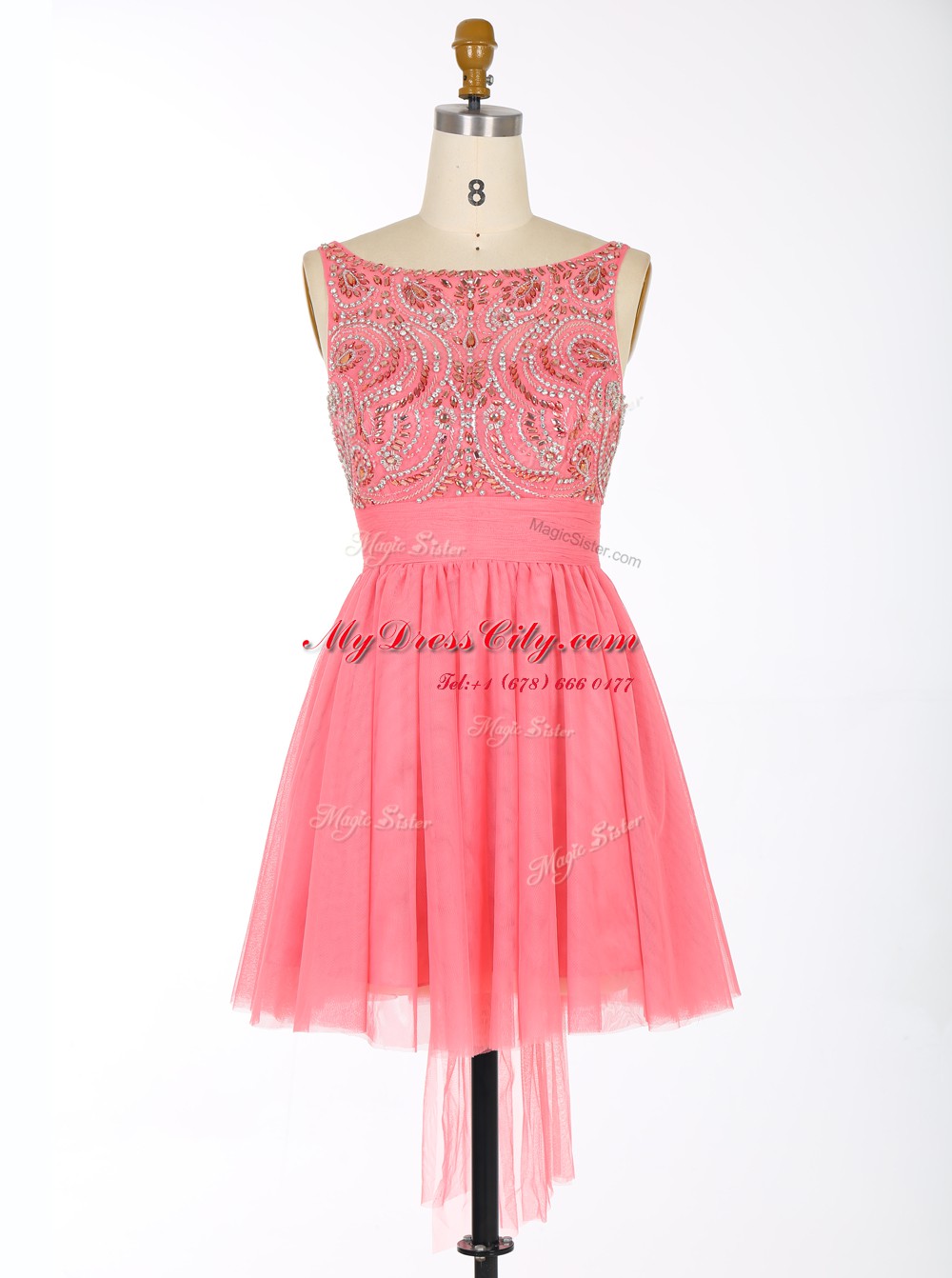 Low Price Scoop Watermelon Red Chiffon Backless Dress for Prom Sleeveless Mini Length Beading and Sashes ribbons