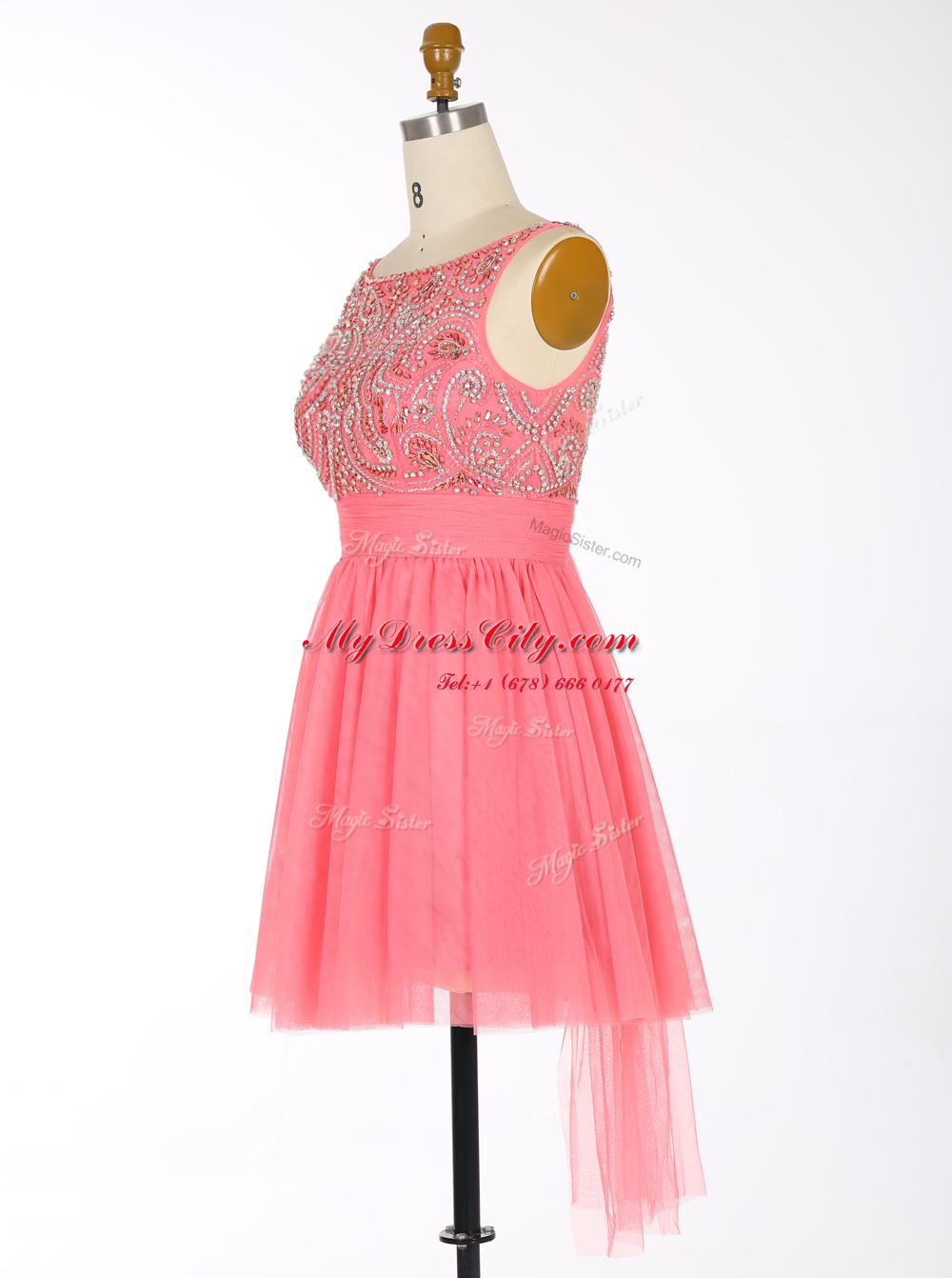 Low Price Scoop Watermelon Red Chiffon Backless Dress for Prom Sleeveless Mini Length Beading and Sashes ribbons