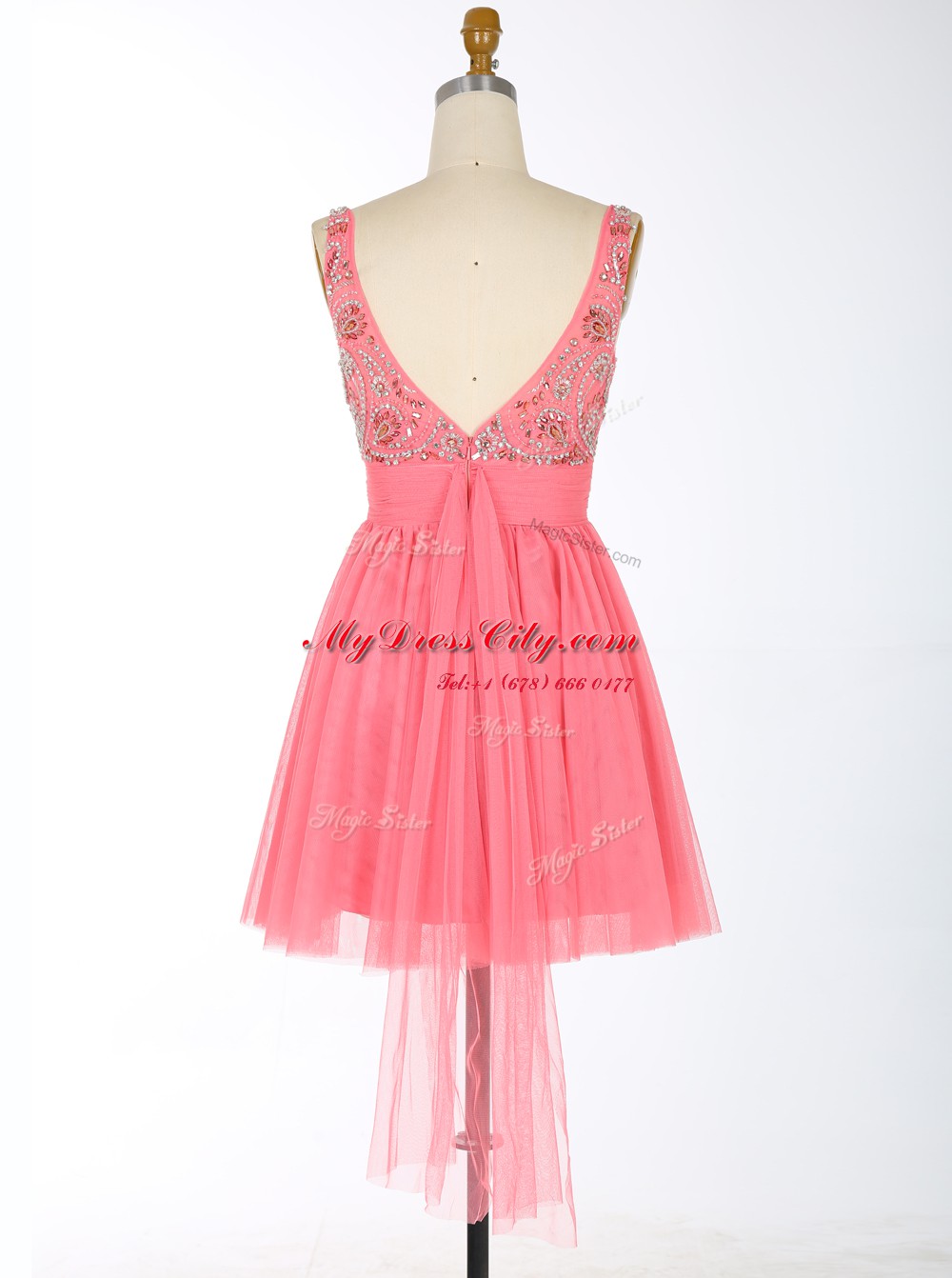 Low Price Scoop Watermelon Red Chiffon Backless Dress for Prom Sleeveless Mini Length Beading and Sashes ribbons