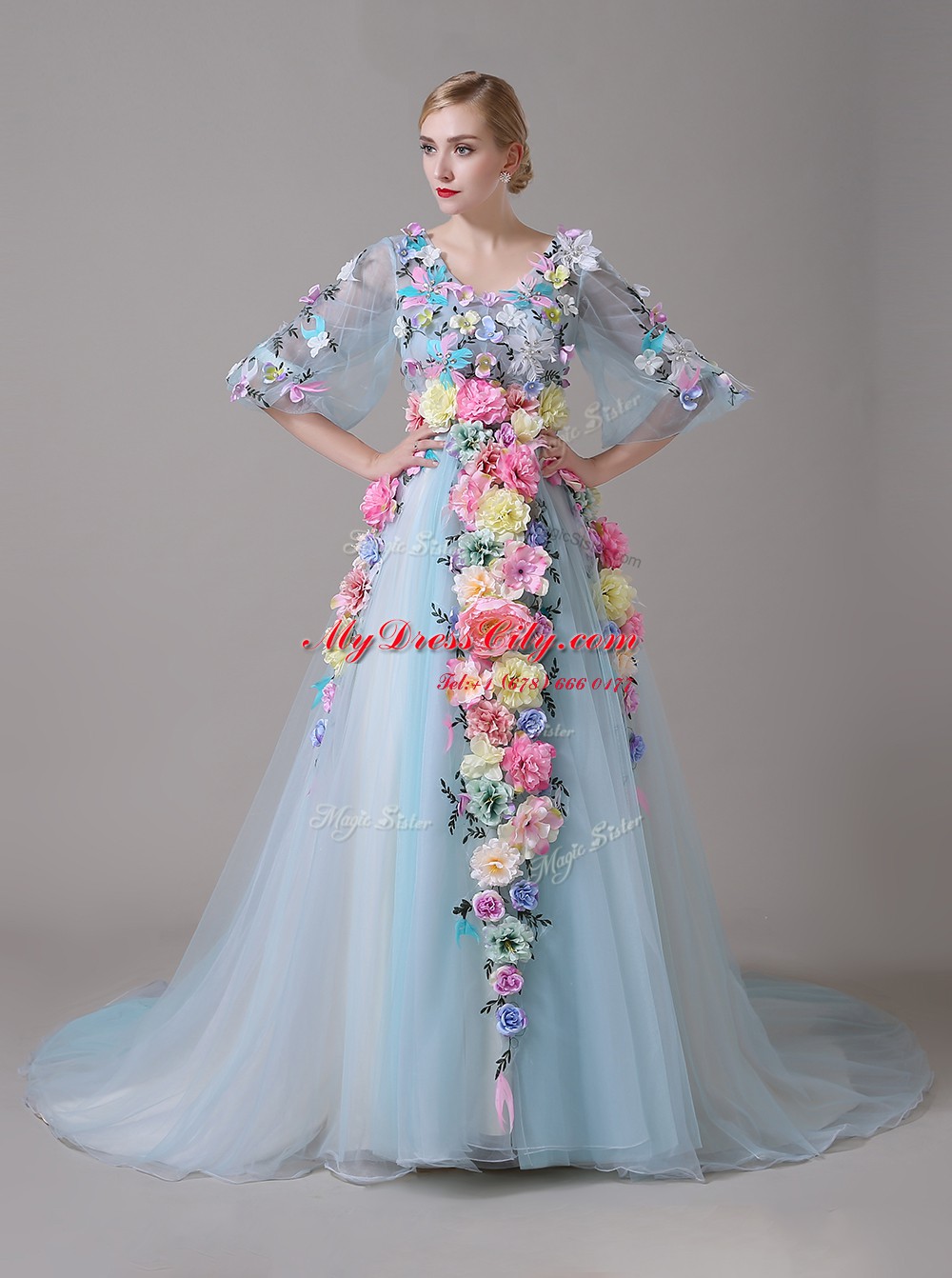 Noble Blue Zipper V-neck Hand Made Flower Winning Pageant Gowns Organza Half Sleeves Court Train