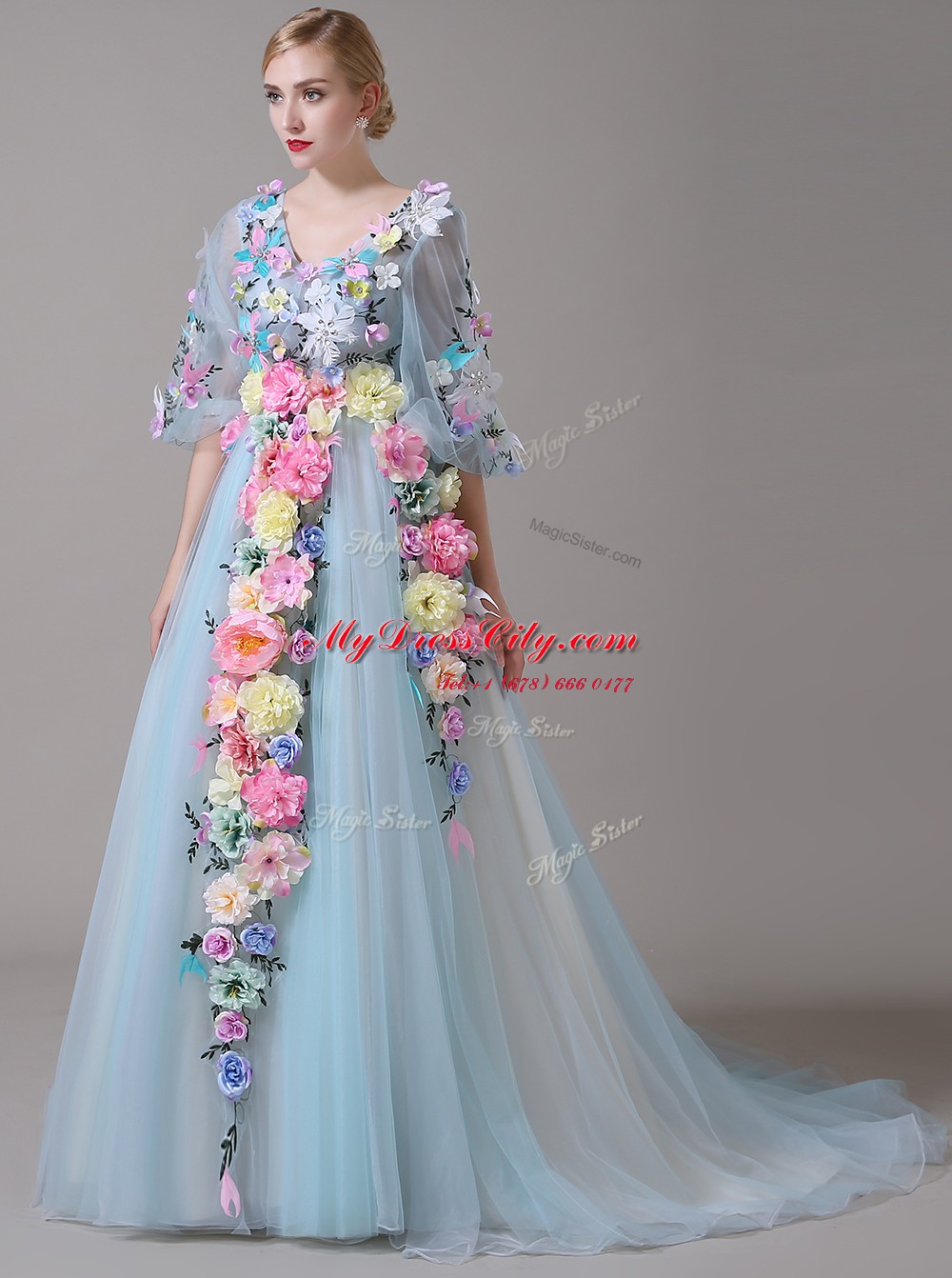 Noble Blue Zipper V-neck Hand Made Flower Winning Pageant Gowns Organza Half Sleeves Court Train