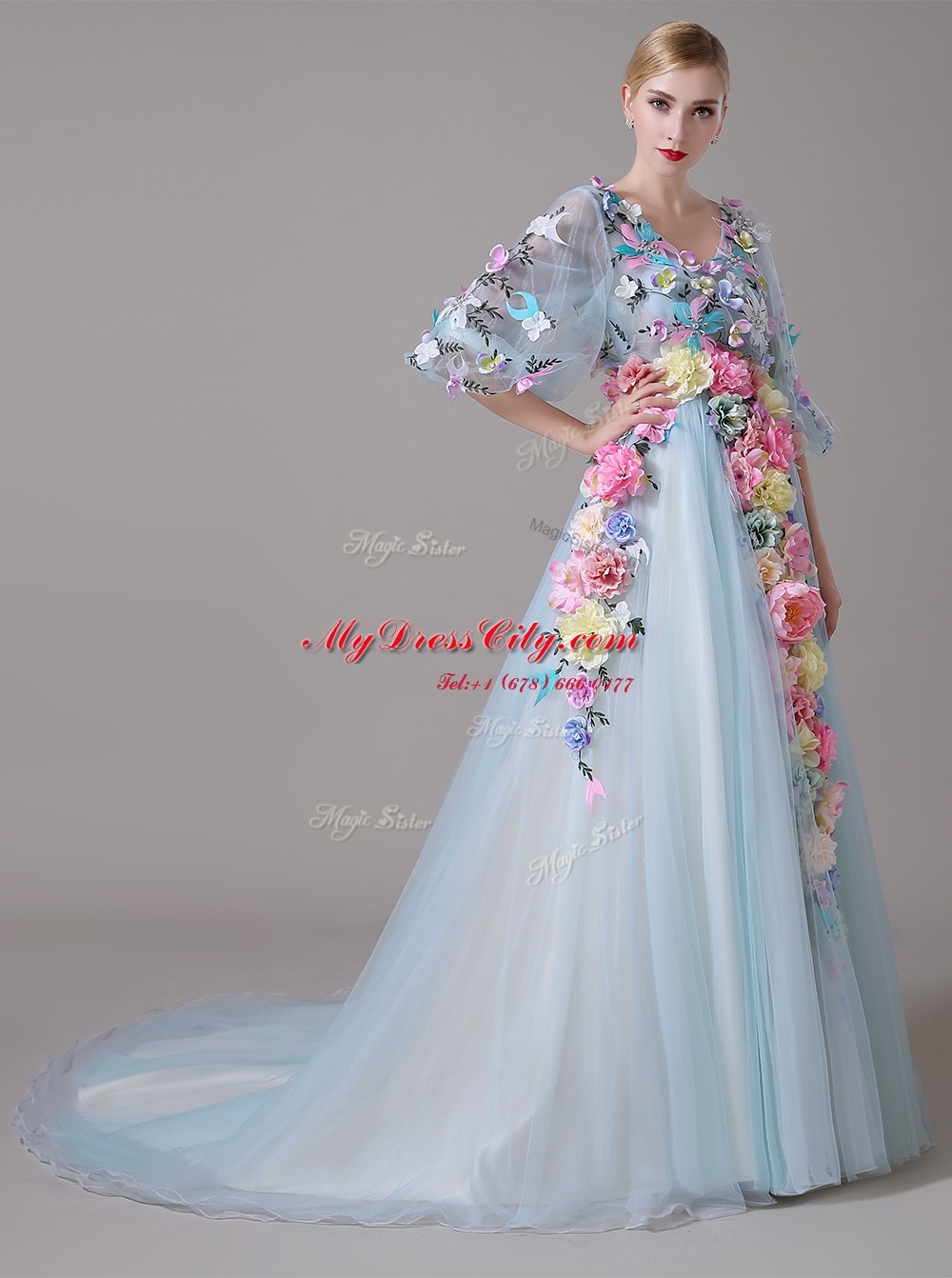 Noble Blue Zipper V-neck Hand Made Flower Winning Pageant Gowns Organza Half Sleeves Court Train