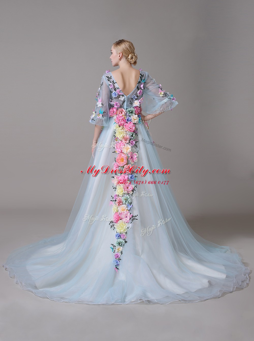 Noble Blue Zipper V-neck Hand Made Flower Winning Pageant Gowns Organza Half Sleeves Court Train