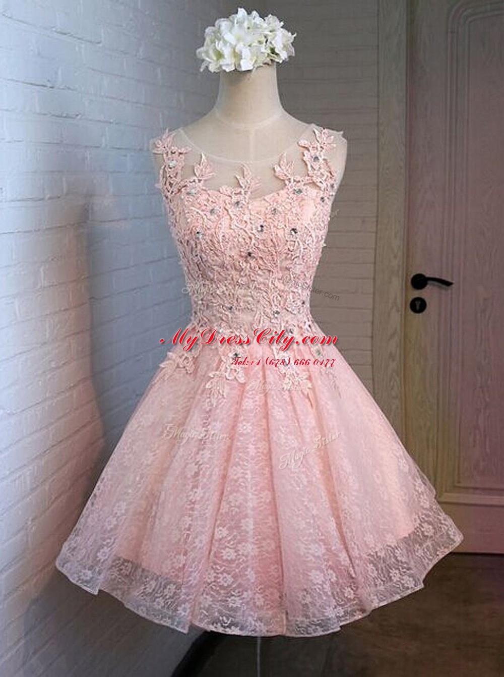 Inexpensive Scoop Pink Sleeveless Lace Lace Up Prom Dress for Prom