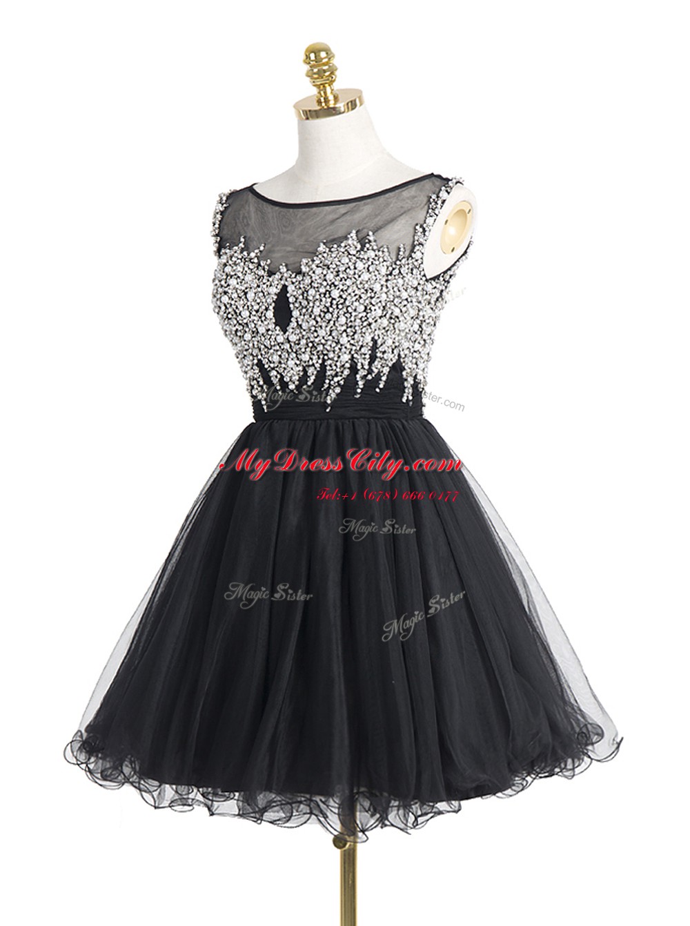 Free and Easy Scoop Black Zipper Dress for Prom Beading and Sequins Sleeveless Mini Length