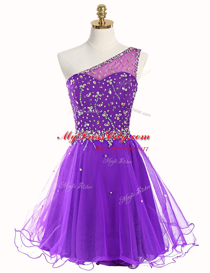 Artistic One Shoulder Mini Length Purple Casual Dresses Organza Sleeveless Beading