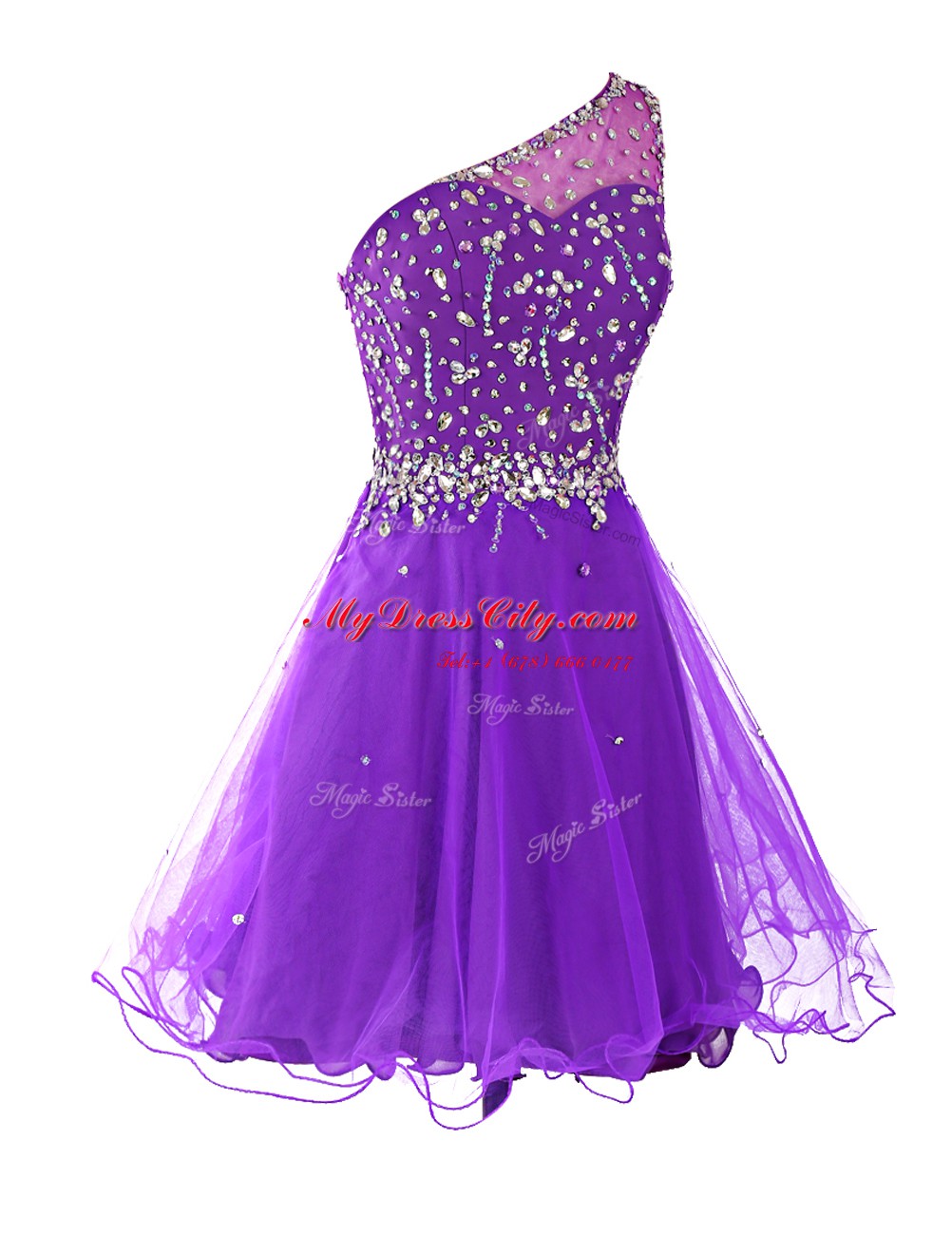 Artistic One Shoulder Mini Length Purple Casual Dresses Organza Sleeveless Beading