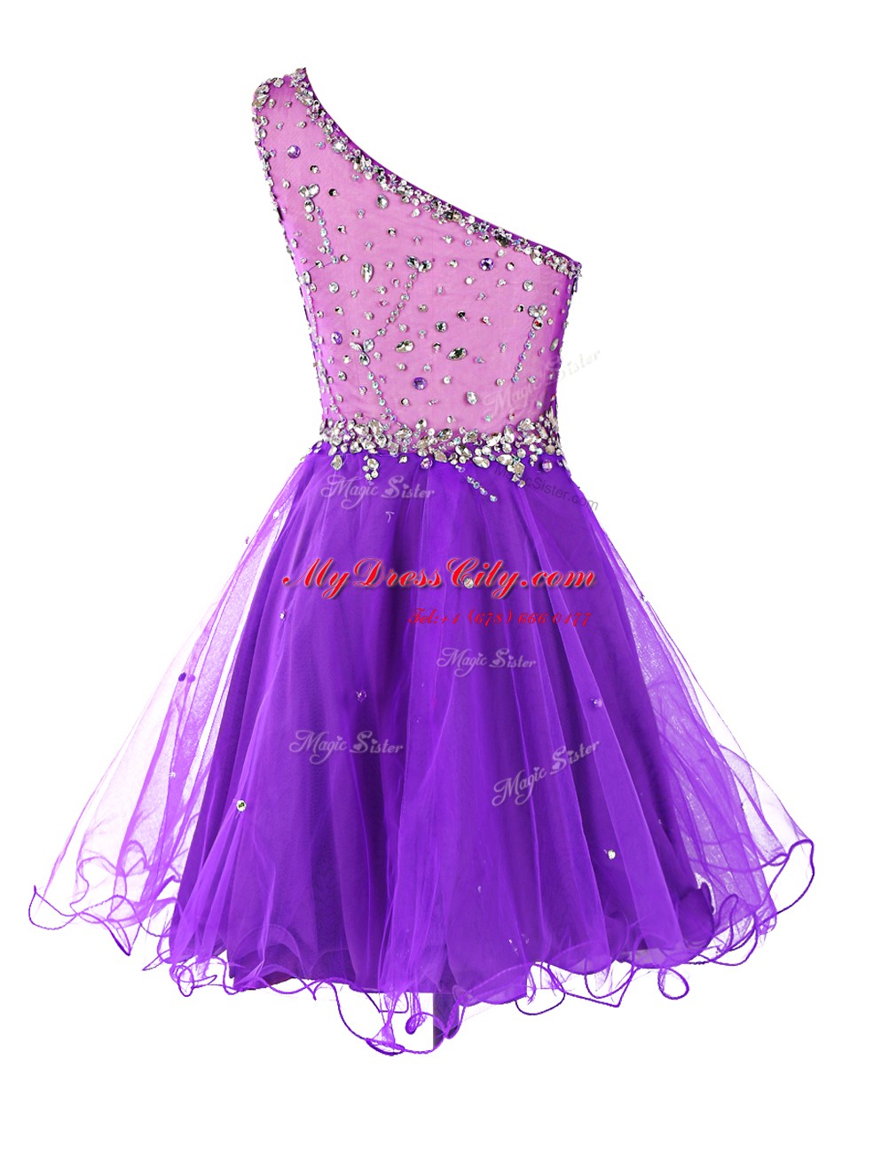 Artistic One Shoulder Mini Length Purple Casual Dresses Organza Sleeveless Beading