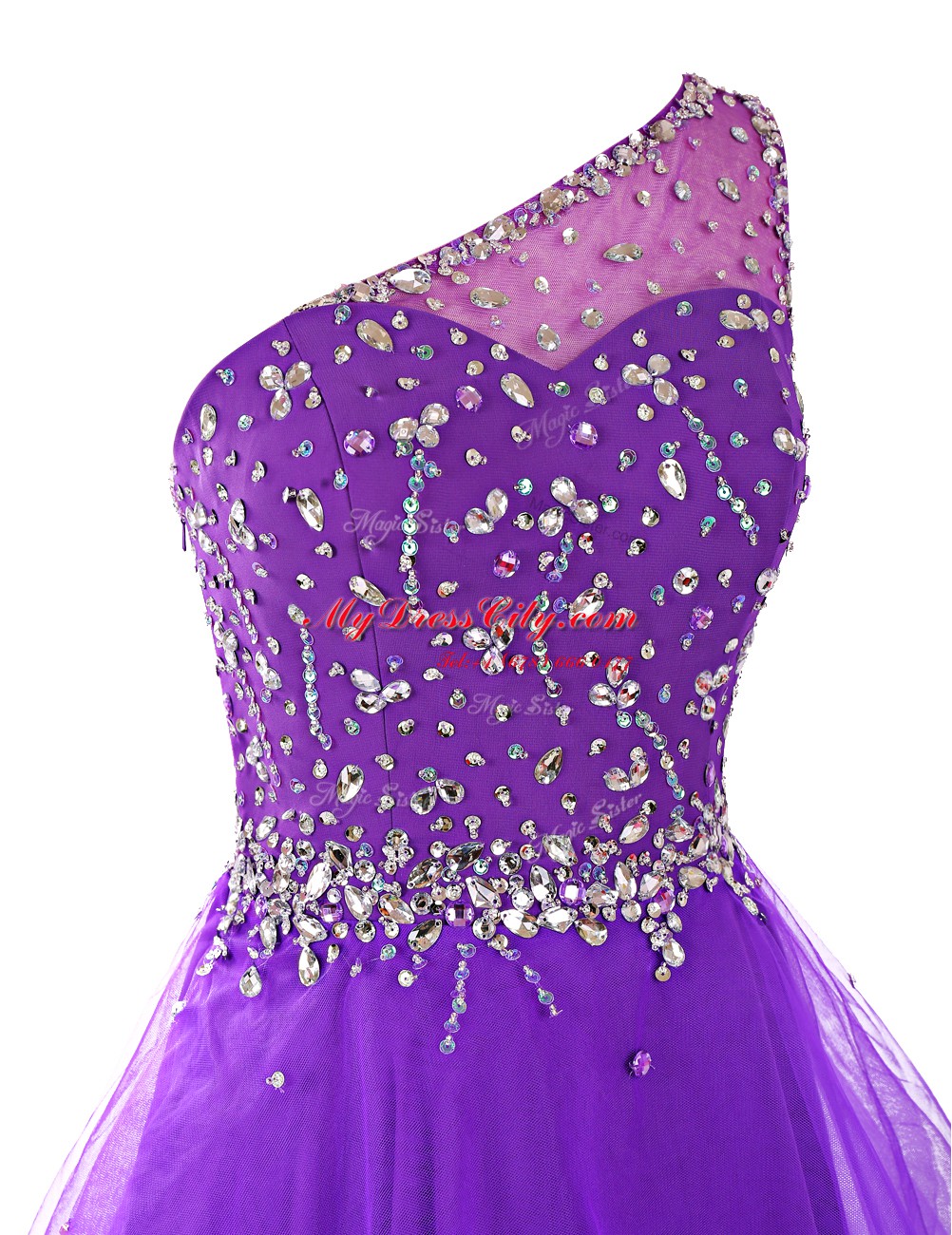 Artistic One Shoulder Mini Length Purple Casual Dresses Organza Sleeveless Beading