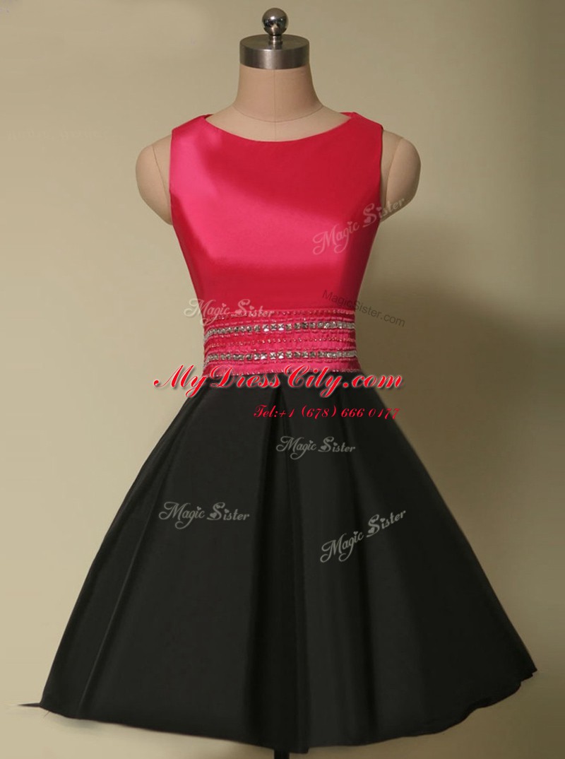 Red And Black A-line Satin Scoop Sleeveless Beading Mini Length Lace Up