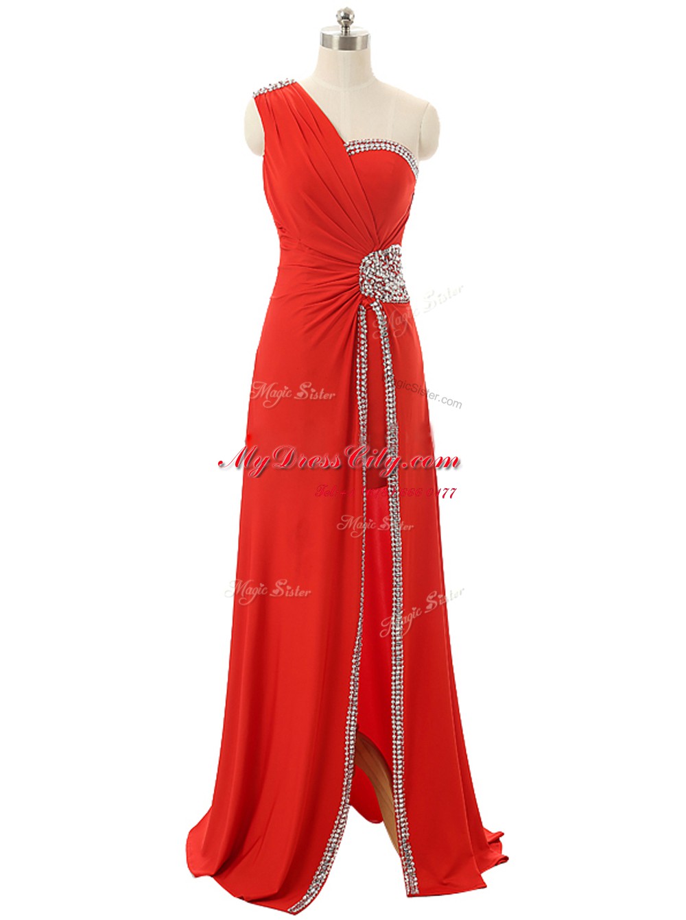 Pretty One Shoulder Red Sleeveless Beading and Ruching Floor Length Prom Evening Gown