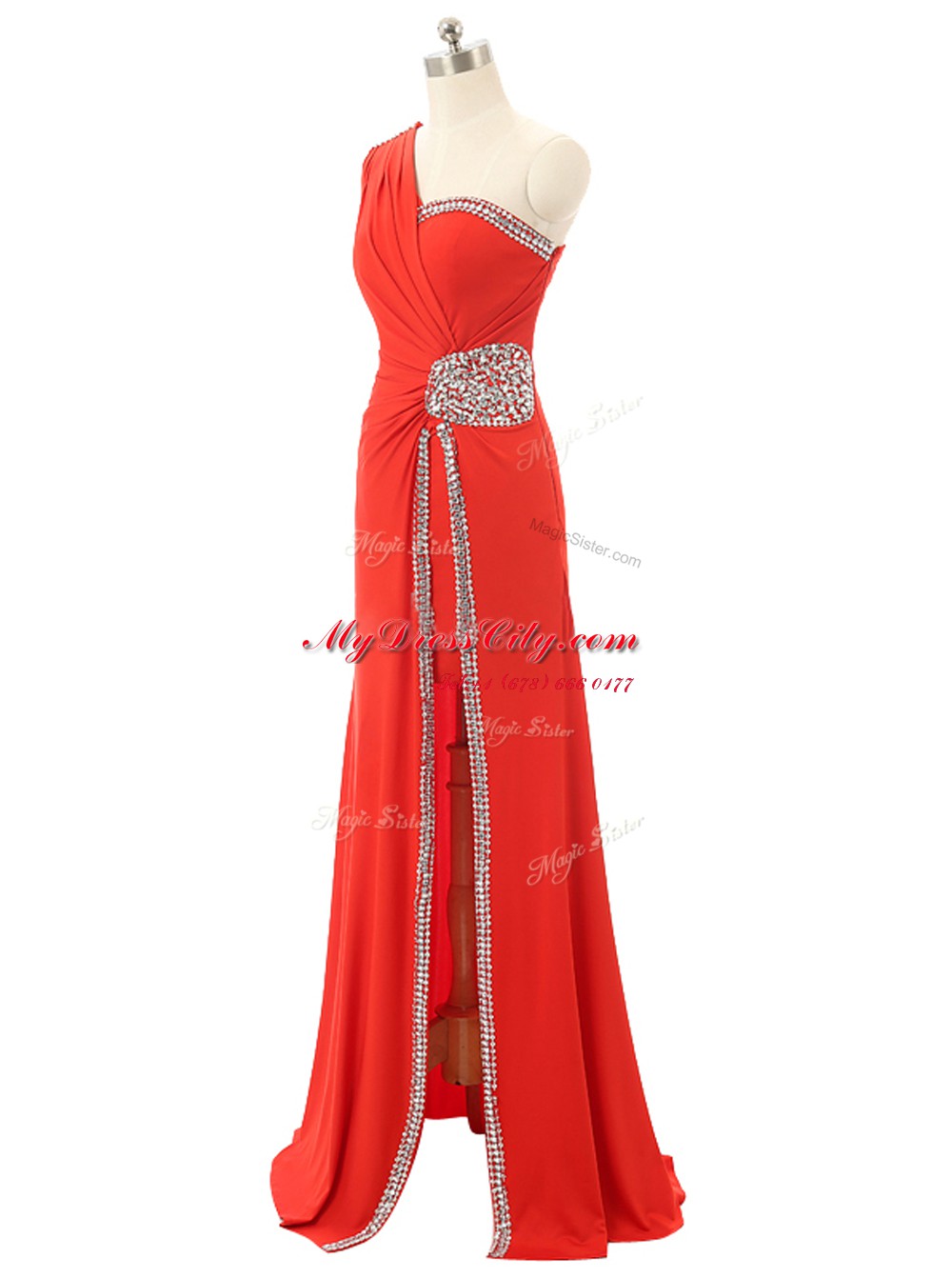 Pretty One Shoulder Red Sleeveless Beading and Ruching Floor Length Prom Evening Gown