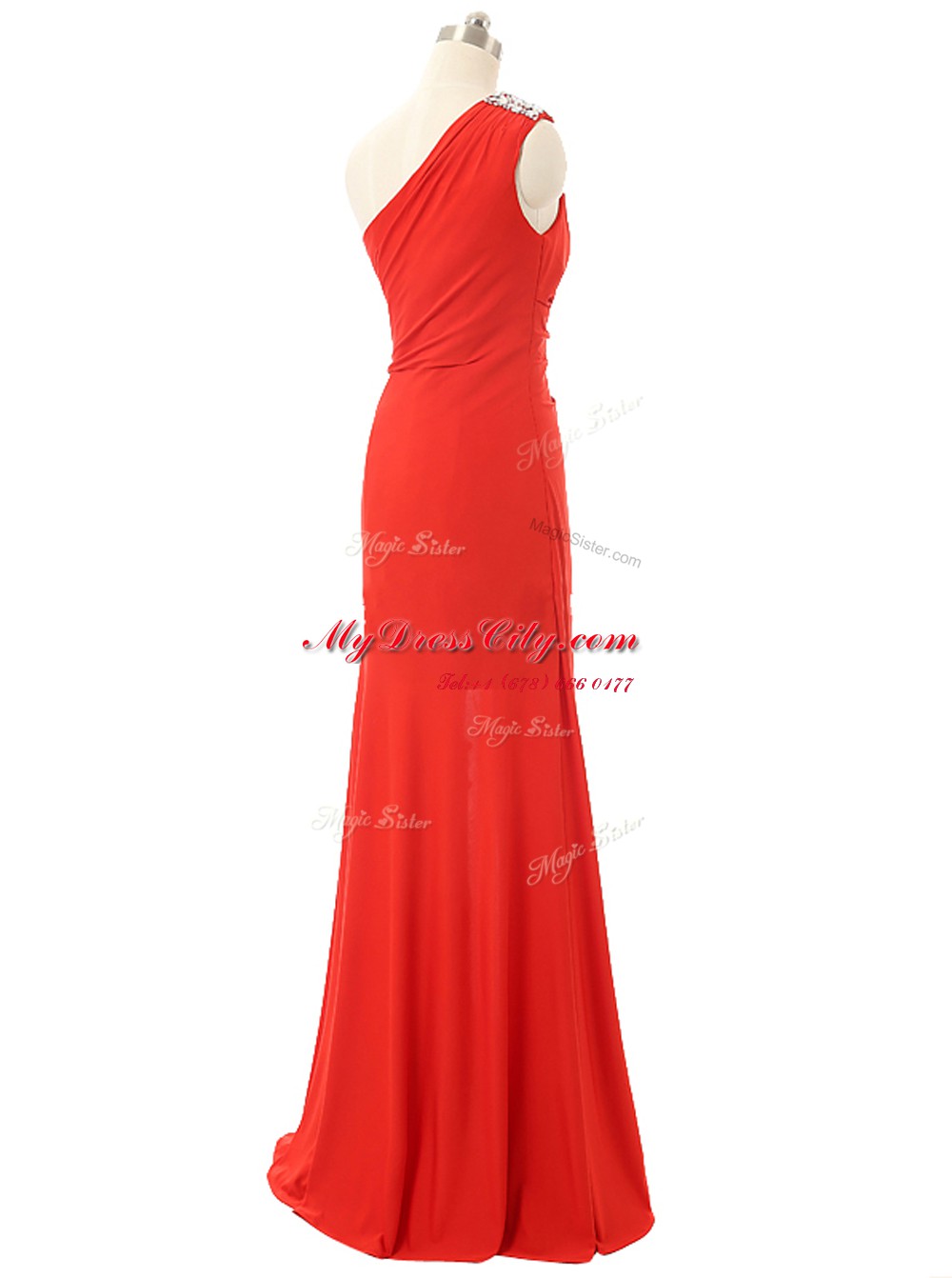 Pretty One Shoulder Red Sleeveless Beading and Ruching Floor Length Prom Evening Gown