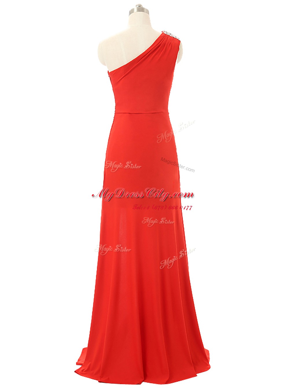 Pretty One Shoulder Red Sleeveless Beading and Ruching Floor Length Prom Evening Gown