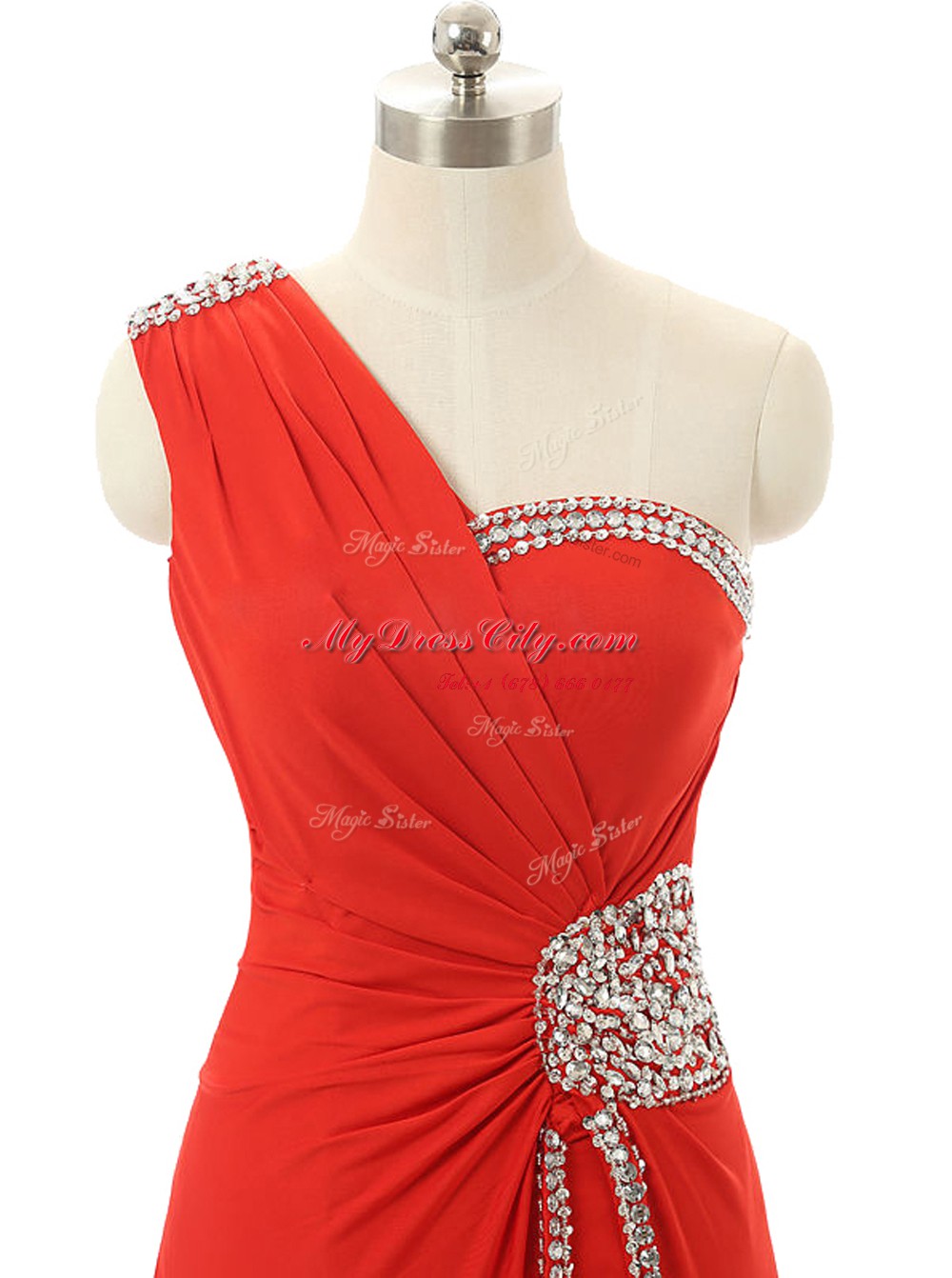 Pretty One Shoulder Red Sleeveless Beading and Ruching Floor Length Prom Evening Gown